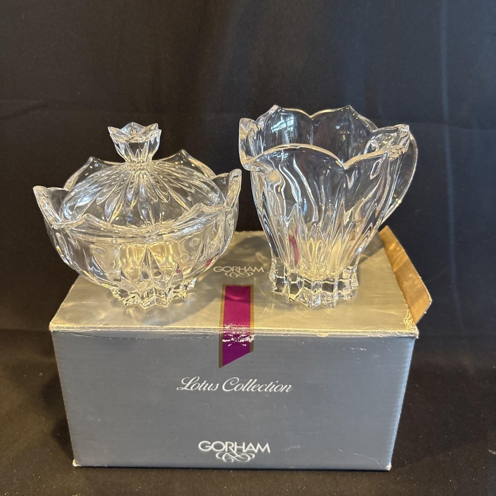 Gorham Silver Co. Lotus Lead Glass Crystal Sugar & Creamer Set  Made in Germany